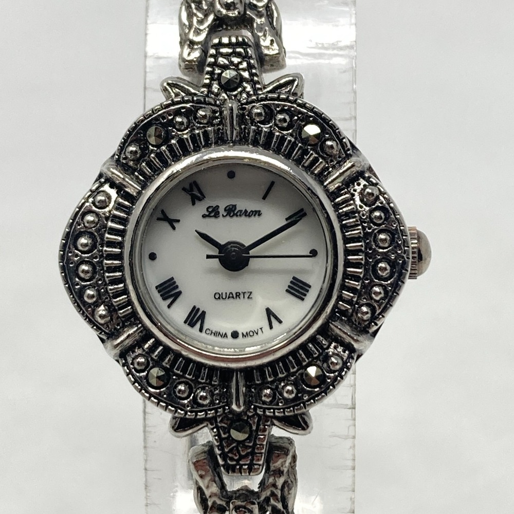 Le Baron Marcasite Watch Women 23mm Silver Tone Vintage Inspired New Battery 7"
